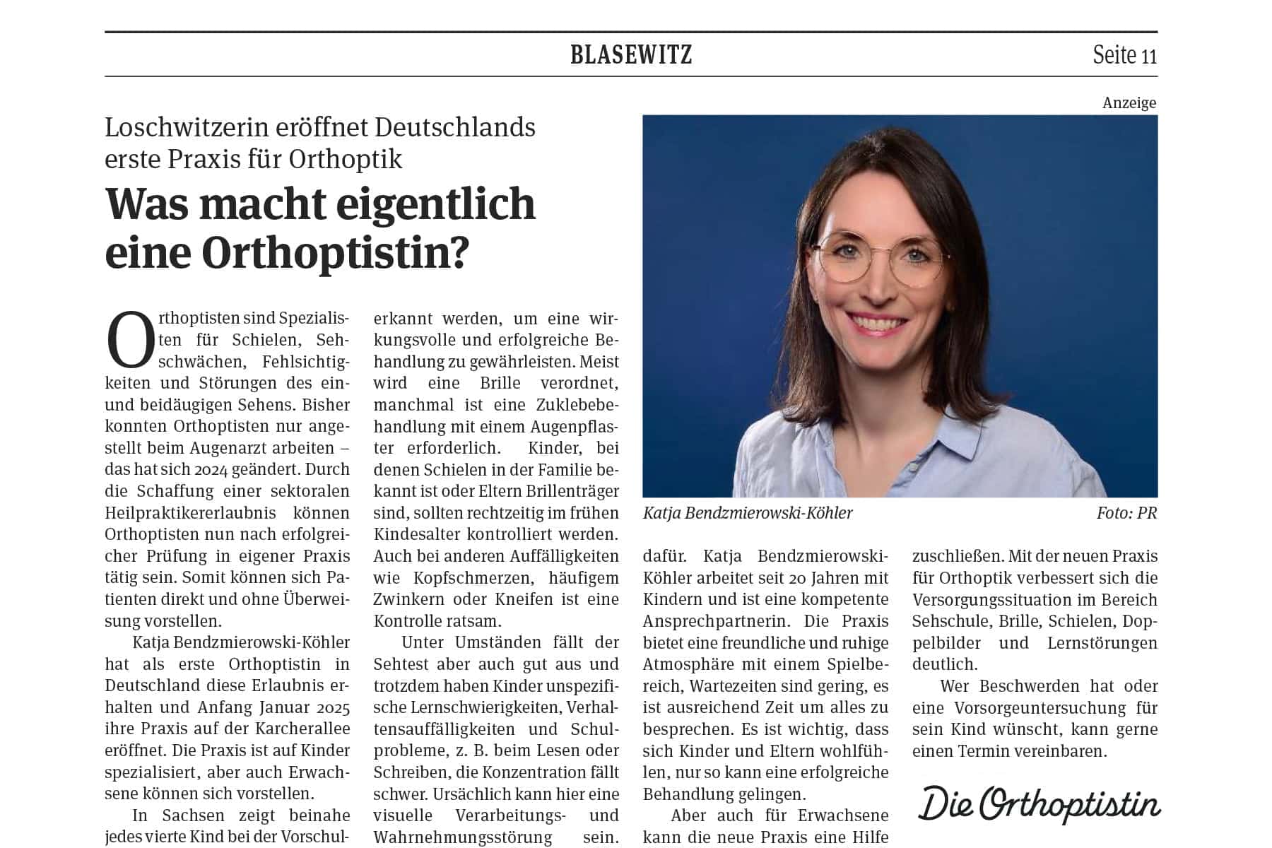 Vorschau Zeitungsartikel "Was macht eigentlich eine Orthoptistin?"